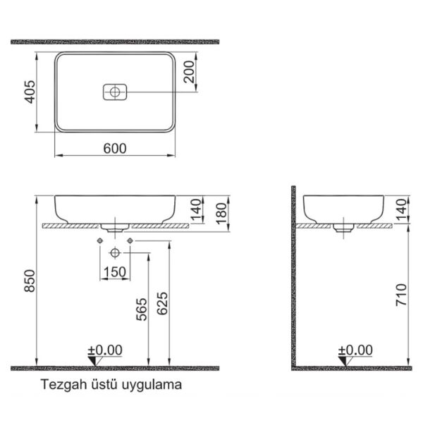 Kale Zero 2.0 60x40 Dikdörtgen Çanak Lavabo Mat Antrasit Gri 310200200525