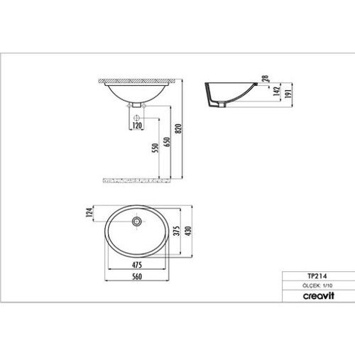 Creavit 37x47 Tezgah Altı Oval Lavabo TP214