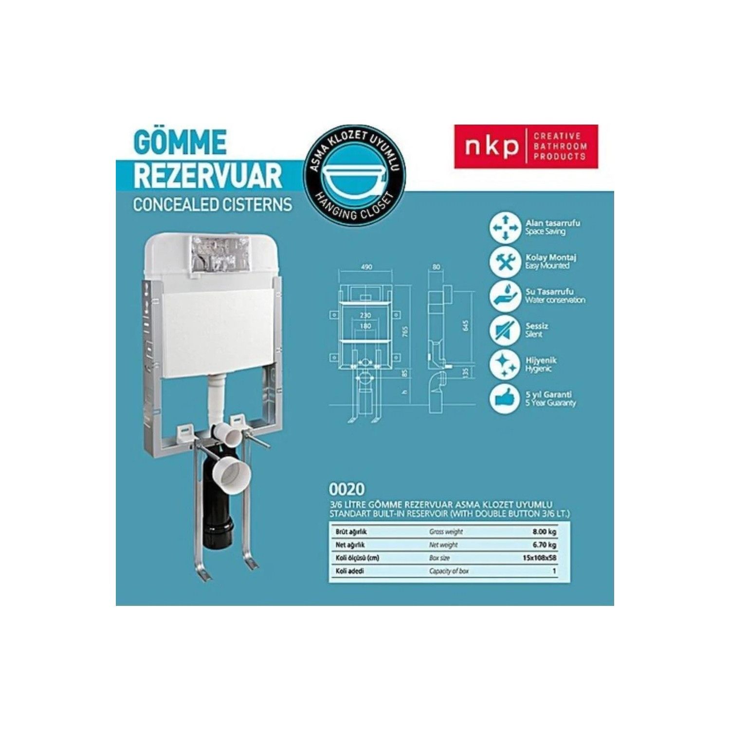 Nkp Gömme Rezervuar 8cm 3/6 Lt - Asma Klozet Uyumlu