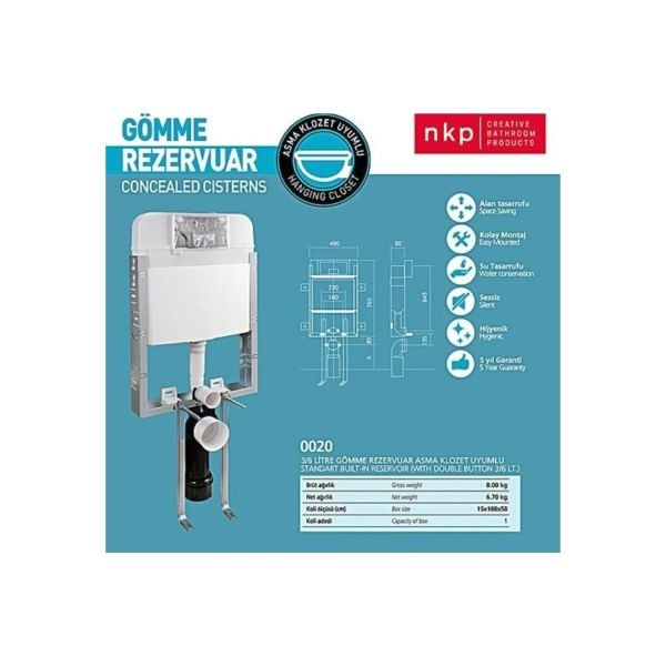 Nkp Gömme Rezervuar 8cm 3/6 Lt - Asma Klozet Uyumlu