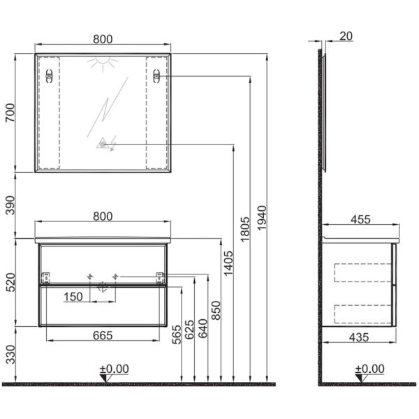 Kale Zeta 80cm Mat Antrasit Banyo Dolap Takımı 610100201575