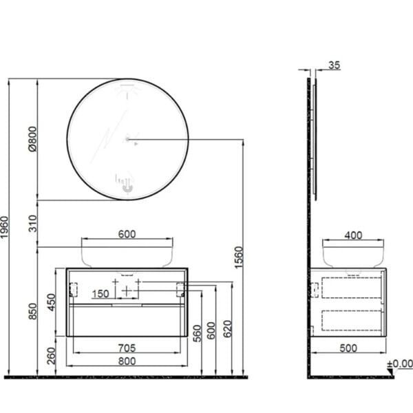Kale Zero 2.0 80cm Antrasit Ceviz Banyo Seti
