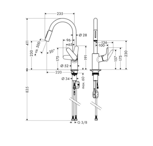 Hansgrohe Focus M41 Eviye Bataryası - Çekilebilir El Duşlu 31815000