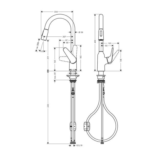 Hansgrohe Focus M42 Paslanmaz Çelik Eviye Bataryası - Çekilebilir El Duşlu 71800800